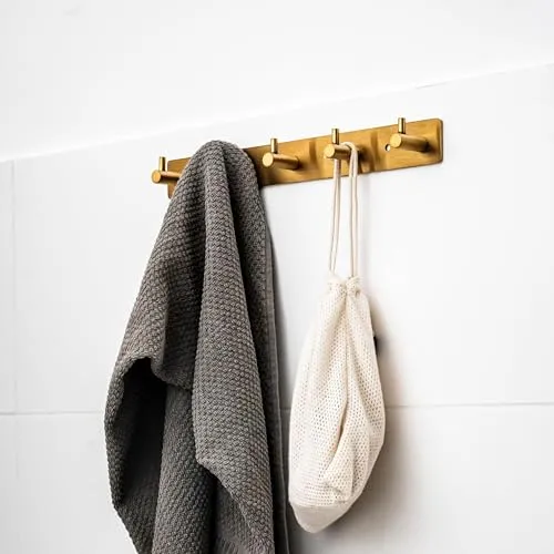 ELMOWO - Edelstahl Hakenleiste mit 5 Haken ohne Bohren selbstklebend inkl. Spezialkleber (extrem sicherer Halt) Für Bad und Küche - Für Küchenartikel und Badutensilien im eleganten Design (gold)