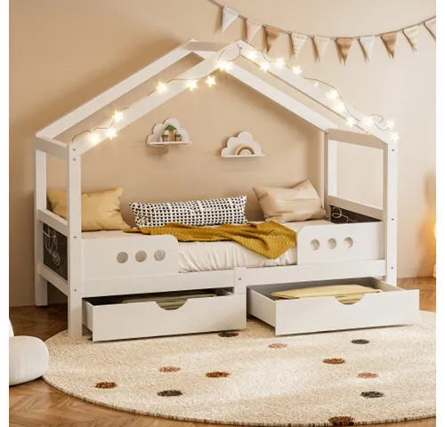 XDeer Kinderbett Kinderbett mit Dachdesign, 2 großen Schubladen und, stabilem,für 90×200 cm Matratze