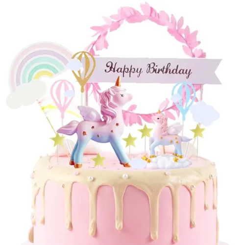 AODIGEGE Einhorn Tortendeko Geburtstag Kuchen Deko Tortendeko Mädchen Regenbogen Stern Torte Topper Happy Birthday Girlande Torte Topper für Kinder Mädchen Junge