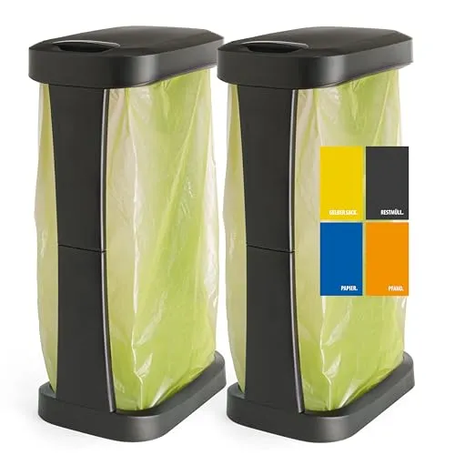 Hausfelder Müllsackständer mit Deckel 120l, Gelber Sack Ständer Doppelt/2er, Müllsackhalter für Müllbeutel 60l-120l, Schwingdeckel, 76x46x30cm Schwarz