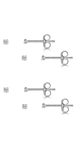 Amberta Klein Ohrstecker aus Echt 925 Sterling Silber und Zirkonia 2 mm - Zwei Paar Mini Ohrringe für Damen - 4er Satz Ohrringe Brilliant mit Stein