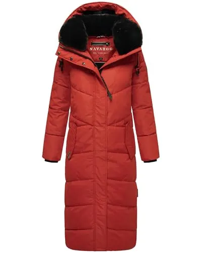 Navahoo Damen Wintermantel - Warmer Steppmantel mit Abnehmbarer Kapuze in Terracotta, Gr. L - Funktionsjacken: Eleganter, extralanger Puffermantel mit warmem Kunstfellkragen, wind- und wasserabweisend, ideal für kalte Temperaturen.