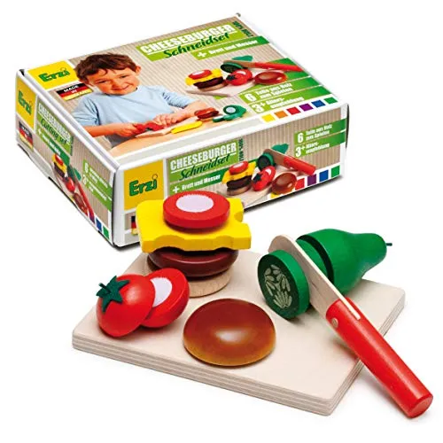 Erzi 28203 Schneidset Cheeseburger aus Holz, Kaufladenartikel für Kinder, Rollenspiele
