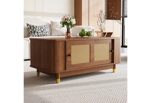 Merax Couchtisch Nussbaum mit Rattan-Schiebetüren
