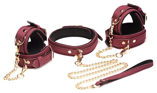 Master Series 6 Piece Burgundy Velvet Adult Sex Bondage Restraints Set for Women, Men, & Couples, Adjustable Wrist & Ankle Cuffs, Collar, & Leash with Connecting Chains, BDSM Kit - Black & Red