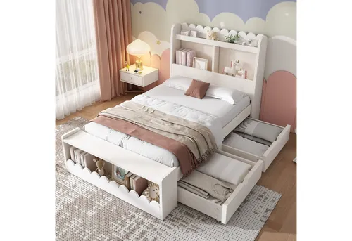 STILVORA Kinderbett 90×190 mit Ablage-Kopfteil und Schublade - Praktisches Kinderbett mit elegantem Wellen-Dekor und stabiler Massivholz-Konstruktion. Mit zwei flexiblen Schubladen für optimalen Stauraum und Kopfende-Regalen zur Organisation. Ideal für ein modernes Kinderzimmer!