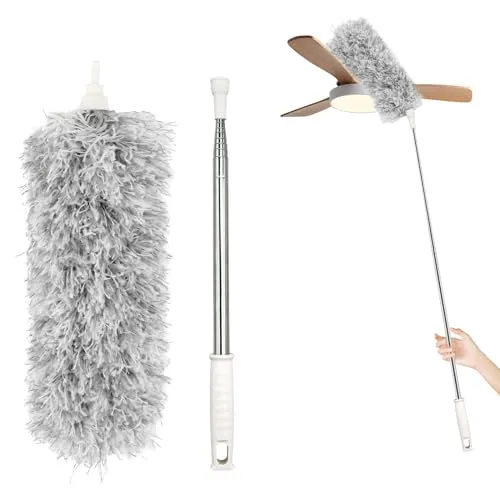 NVIYAM Teleskop Staubwedel - Waschbar, Lang Ausziehbar, Spinnenwebenentferner, Verbiegbare Eckbesen, 2,3m, Grau