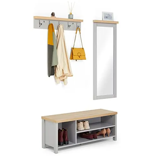 Mondeer Garderobenset - 3-in-1 Schuhbank, Wandspiegel und Garderobenständer - Garderoben Komplettprogramme mit stilvollem 3-in-1 Design. Ideal für Flur oder Eingang, bietet Platz für bis zu 7 Paar Schuhe und 5 Haken für maximale Funktionalität.