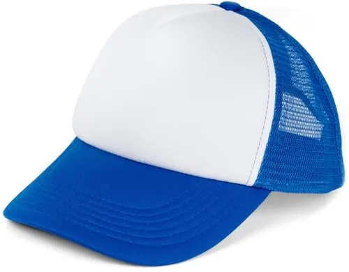 styleBREAKER Unisex 5-Panel Trucker Cap mit Mesh-Einsatz | verstellbares Basecap mit Click Snap Verschluss | luftiges Netz Cap für Damen und Herren, Farbe:Weiß-Royalblau