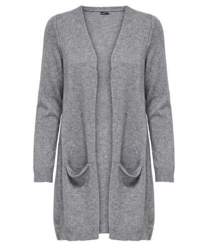 ONLY Damen Onlqueen L/S Long Cardigan - Strickjacke für Damen in Medium Grey Melange mit Blockstreifen-Muster, lang geschnitten und ideal für lässige Looks, ausgestattet mit zwei praktischen Taschen.