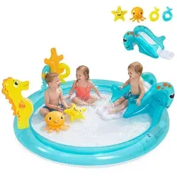 COSTWAY Aufblasbares Wasserspielcenter mit Rutsche & Sprinkler für Kinder - Ideal für Garten-Spaß: Das COSTWAY Wasserspielcenter (178 x 157 x 67,5 cm) bietet Platz für 2-3 Kinder. Mit Rutsche, Sprinkler und bunten Spielzeugen sorgt es für aufregende Wasseraction und unvergessliche Spielstunden.