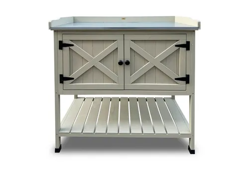 HABAU Pflanztisch mit Ablage und Schrank, 98 x 48 x 97 cm - Pflanztisch aus Holz mit integriertem Unterschrank und Ablagefläche, ideal für Gartenarbeit und Grillpartys. Wetterfest, leicht zu reinigen und bietet viel Stauraum für Geräte und Zubehör.