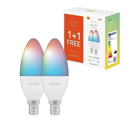 Hombli smarte LED Glühbirne E14, dimmbar, warmweiß bis farbig CCT RGB, 380 Lumen, App-fähig, kompatibel mit Alexa, Google Assistant, Siri, 2er Pack