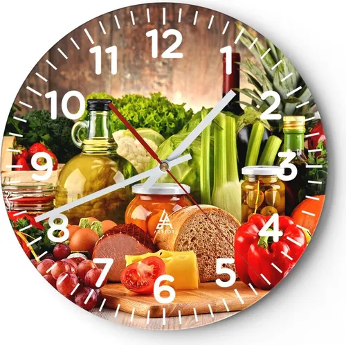 Wanduhr - Rund - Glasuhr - Lebensmittel Gemüse Brokkoli Fleisch - 30x30cm - Schleichendes Uhrwerk - Lautlos - zum Aufhängen bereit - Dekoration Modern - Wanddekoration aus Glas - C4AR30x30-3182