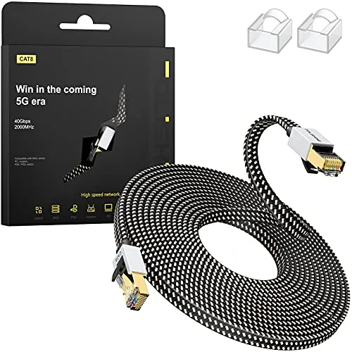 Cat8 Ethernet Kabel 5M, Hohe Geschwindigkeit Nylon Braided Lan Patch Cord, 40Gbps 2000Mhz RJ45 Shielded Flat Cable, für Modem/Router/Switch, schneller als Cat5e/Cat6/Cat7