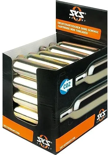 SKS CO2-Kartuschendisplay - 25 lose 16g Kartuschen für schnelle Reifenbefüllung - Sonstiges Fahrradzubehör: 25 hochwertige 16g CO2-Kartuschen ohne Gewinde für blitzschnelle Reifenbefüllung, ideal für Radfahrer unterwegs.