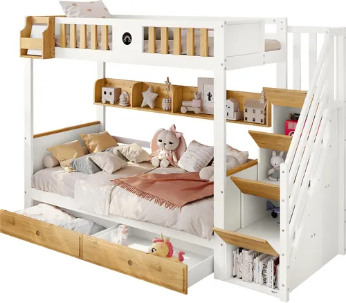 Etagenbett mit 2 Liegeflächen, Schubladen und Lattenrost, 90x200cm, Kinderbett mit Rausfallschutz, Kiefer