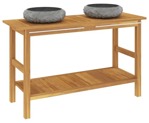 vidaXL Waschtisch mit zwei schwarzen Marmorbecken aus Teakholz - Eleganter Waschtischunterschrank aus massivem Teakholz mit zwei robusten Marmorbecken. Ideal für dein Badezimmer, bietet er sowohl Stil als auch praktische Stauraummöglichkeiten.