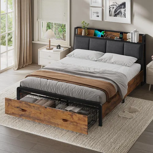KIMENICH Bett 160x200 cm mit Ladestation und Schubladen, Schwarz + Vintage Braun - Modernes Metallbett mit praktischer Ladestation im Kopfteil für Handy & Tablet. Zwei geräumige Schubladen bieten zusätzlichen Stauraum. Stabil und geräuscharm für ruhigen Schlaf.