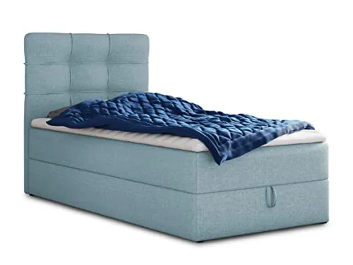 Boxspringbett Best Mini - Einzelbett mit Bettkasten und Matratzentopper (90 x 200 cm, Blau) - Stilvolles Polsterbett mit praktischem Bettkasten und luxuriöser Bonell-Matratze. Der hochelastische Matratzentopper sorgt für optimalen Schlafkomfort.