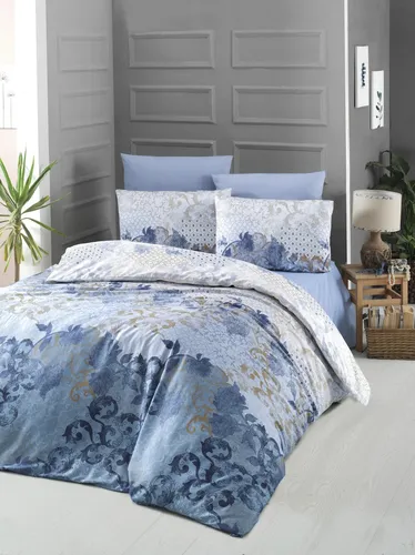 Satin Bettwäscheset für Einzelbett - 100% Baumwollsatin - Hochwertiges Bettwäscheset aus 100% Baumwollsatin, maschinenwaschbar bei 30 °C. Ideal für ein gemütliches Schlafzimmer mit stilvollem Design in Blau, Weiß und Braun.