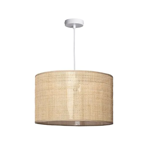 LEDKIA LIGHTING - Hängeleuchte Rattan Baracoa | Pendelleuchte Landhaus Stil | E27 Fassung | Für Wohnzimmer, Küche, Schlafzimmer | Ø40 cm, Weiß, Textil