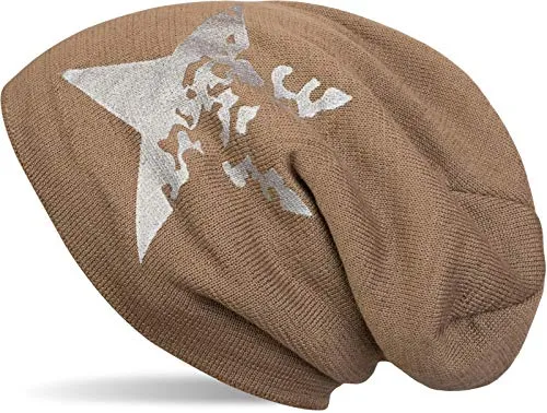 styleBREAKER warme Feinstrick Beanie Mütze mit Vintage Stern Print und sehr weichem Innenfutter, Slouch Longbeanie, Unisex 04024088, Farbe:Braun