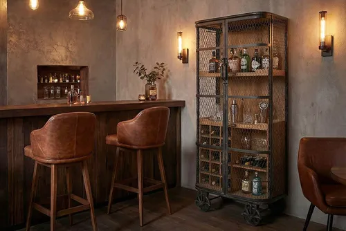 riess-ambiente Barschrank LOFT 150cm - Naturholz & Metall für stilvolle Bars - Design Barschrank im Industrial Stil mit 150 cm Höhe, integriertem Weinregal für 18 Flaschen und flexiblen Rollen. Ideal für Wohnzimmer oder Essbereich, bietet funktionalen Stauraum für Genussmomente.