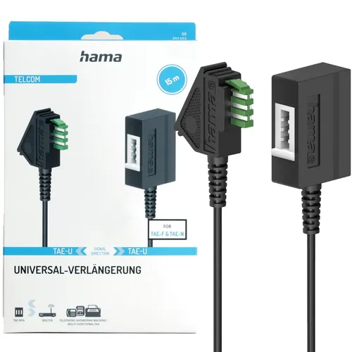 Hama TAE-U Verlängerungskabel 15m Schwarz - TAE-F TAE-N Kupplung für Festnetztelefon, ideal für optimale Telefonverbindung und Faxgeräte