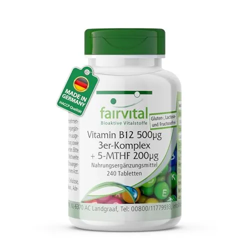 fairvital Vitamin B12 500μg 3er Komplex + 5-MTHF 200μg, 240 Tabletten, schluckfreundlich, qualitätsgeprüft und hochdosiert, 100% vegan, Made in Germany