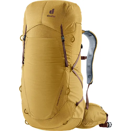 Deuter Aircontact Ultra 50+5 Savanna-Raisin - Trekkingrucksack mit verstellbarer Rückenlänge und optimaler Gewicht-Komfort-Ratio. Ideal für Langstreckenwanderungen dank robustem Ripstop-Material und belüftetem Aircontact-Rückensystem.