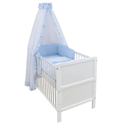 Baby-Delux Babybett Jack 140x70 Umbaubar Weiß mit Bettset - Robustes Babybett aus Kiefernholz, umbaubar zum Juniorbett. Inklusive hochwertigem Bettwäsche-Set und Chiffonhimmel für eine gemütliche Schlafumgebung. 3-fach höhenverstellbar für optimale Anpassung.