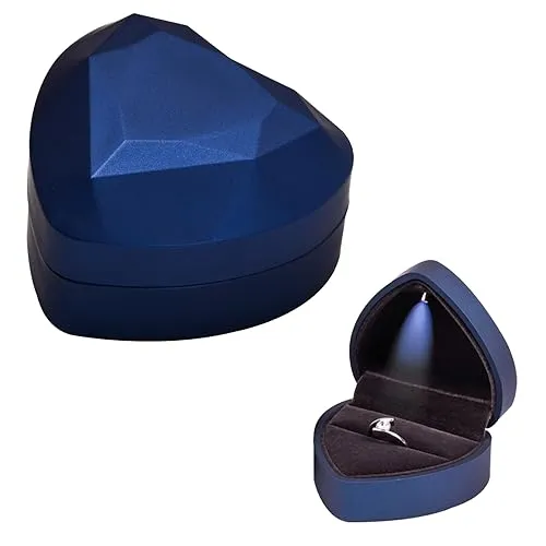 Jinlaili Ringschachtel Hochzeit, 70x65x45MM Ringbox mit LED, Ringschatulle mit Samt Interieur, Schmuck Präsentationsbox, Herz Ringkästchen für Vorschlag Verlobung Hochzeit Zähler Display (Blau)