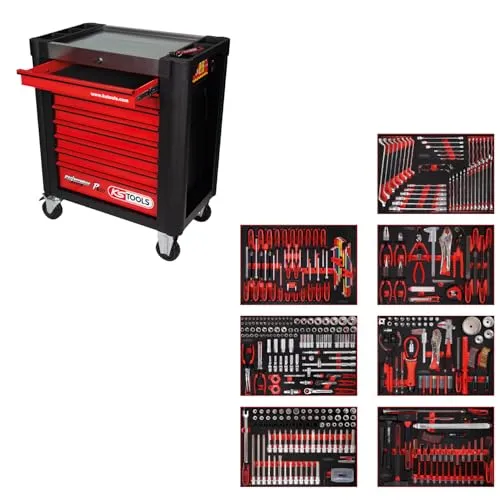 KS-Tools Werkzeugwagen PERFORMANCEplus P10, 810.7397, 397-teilig, rot - Montagewagen mit 397-teiligem Werkzeug-Sortiment aus Chrom-Vanadium Stahl, ideal für professionelle Anwendungen. Robuste Arbeitsplatte aus Edelstahl und abschließbare Schubladen für Sicherheit.