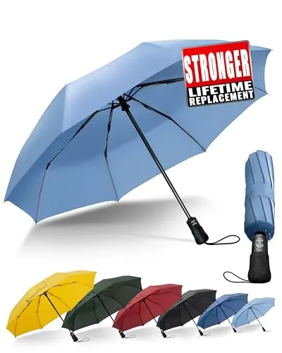 Chakipee Groß Sturmfest Reise-Regenschirm – Automatik Taschenschirm für Herren und Damen, Himmelblau