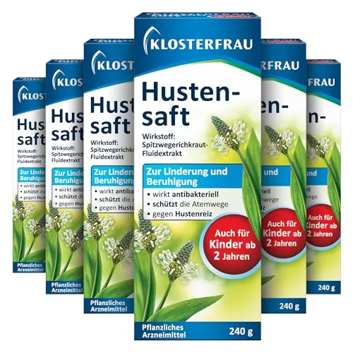 Klosterfrau Hustensaft | 6 x 240g | zur Linderung & Beruhigung | aus Spitzwegerichkraut-Fluidextrakt | wirkt antibakteriell | gegen Hustenreiz
