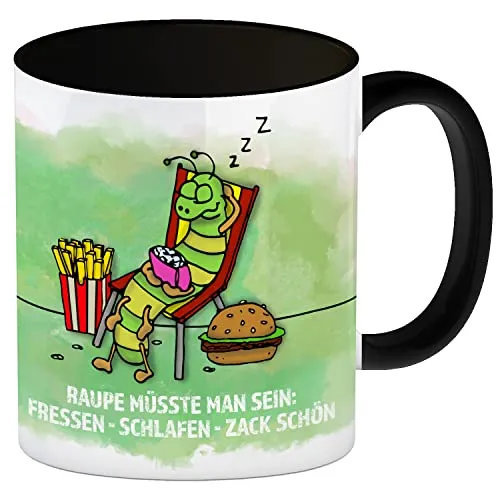 trendaffe Fressen schlafen zack. Schön! Kaffeebecher Henkel und Innenseite Schwarz mit Raupe Motiv