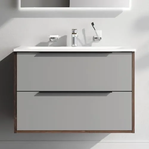 AM.PM Waschbeckenunterschrank Grau Hängend mit Waschbecken - Stylischer Badezimmerschrank mit Soft-Close-System, 2 Schubladen und hygienischem Keramikwaschbecken - ideal für modernes Badezimmerdesign.
