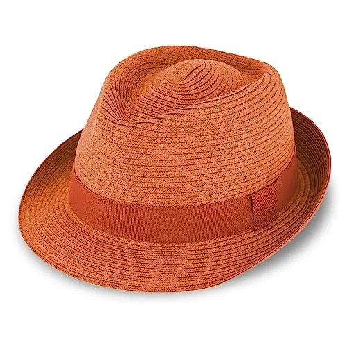 fiebig Jackson Trilby Papierhut mit farbigem Ripsband | Sonnenhut aus 100% Papier | Natur Sommerhut (59-L, Orange)
