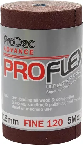 ProDec Advance 5-m-Rolle, Körnung 120, feine, ProFlex, ultraflexibles, rissbeständiges Aluminiumoxid-Schleifpapier zum Schleifen von Holz, Farbe, Putz, Spachtelmasse, Metall und mehr