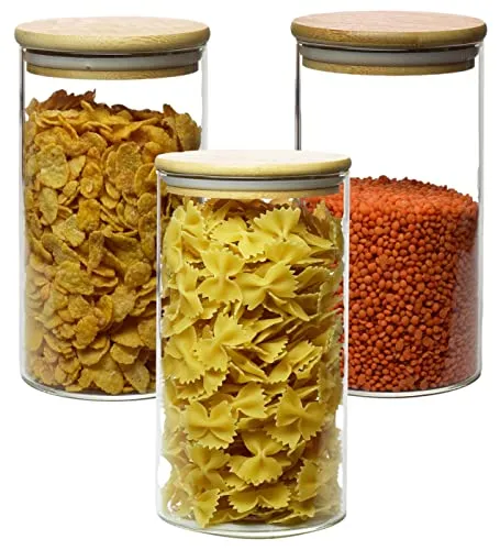 gouveo 3er Set Glasbehälter 1400 ml rund aus Borosilikatglas mit Deckel - Vorratsgläser 1,4 l mit Verschluss - Aufbewahrungsgläser, Glasdosen, Vorratsdose, Nudelglas