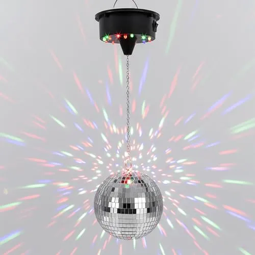 Spetebo Discokugel mit Drehmotor Batteriebetrieben und LED Beleuchtung in Bunt - 15 cm - Spiegelkugel Drehend mit Echtglas Facetten in Silber - Party Lichteffekt Hängekugel Mirrorball