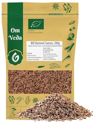 BIO Kümmel Samen 200g | Ganze Kümmelsamen für Kochen, Backen, Brotgewürz, Kümmeltee | Premium Bio Kümmel ohne Zusatzstoffe | Vegan, glutenfrei | kümmel für herzhafte Rezepte & Teemischungen | OmVeda