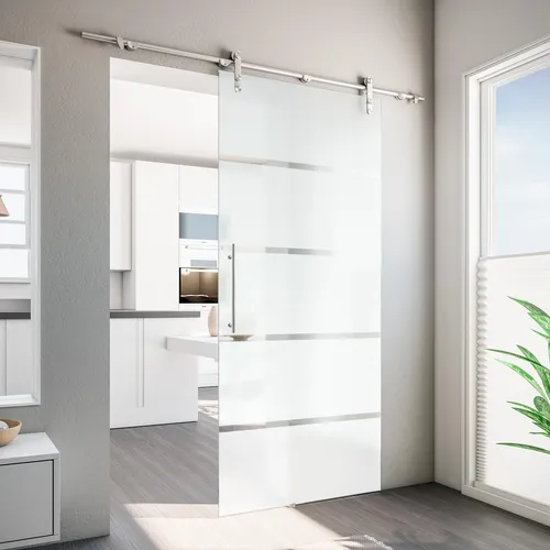 inova wohnen Glasschiebetür Blockstreifen, 90 x 208 cm - Schiebetür Komplett Set mit offener Laufschiene und hochwertigem Edelstahl-Stangengriff, ideal für moderne Innenräume und platzsparende Lösungen.