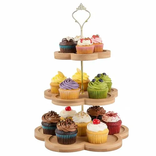 Etagere 3 Etagen, Cupcake Ständer mit Metallgriff, Tortenständer Holz, Obst Etagere 3 Stöckig, Kuchenständer Kuchenplatte, Servierständer Rund, Buffet Zubehör für Nachmittagstee Hochzeit Geburtstag
