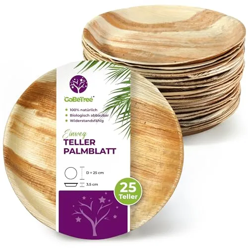 GoBeTree 25 Runde Palmblatt Teller Ø 25 cm, Palmblatt Geschirr Einwegteller, Biologisch abbaubares Einmalgeschirr für Party, Alternative zu Bambusteller