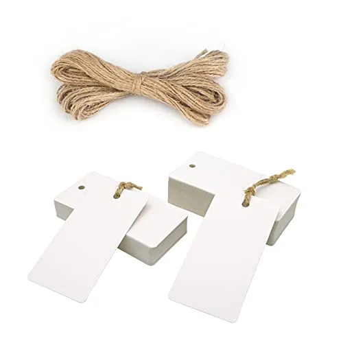 jijAcraft Kraftpapier Anhänger Geschenkanhänger Etiketten 9 * 4,5cm, 100stk. mit Jute Schnur, für Hochzeitsgeschenke Weihnachtsgeschenke Partygeschenke (Weiß)