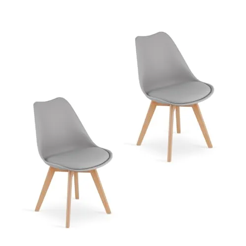 Home Collective 2er Set Esszimmerstuhl Stuhl Wohnzimmerstuhl 2X grau mit Vollholzbeinen in Natur, bequemer & Stabiler Schalenstuhl