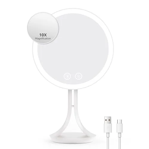Auxmir Kosmetikspiegel LED Beleuchtet, 2000 mAh Wiederaufladbarer Schminkspiegel Tischspiegel, Stufenlos für Dimmbare Helligkeit 3 Lichtfarben, 1X HD-Spiegel für Zuhause Hotel