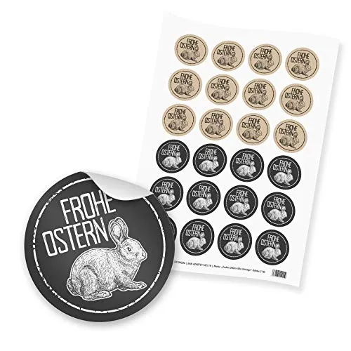itenga Sticker Aufkleber Etiketten Frohe Ostern Mix Vintage braun weiß schwarz Osterhase rund 4cm 24 x